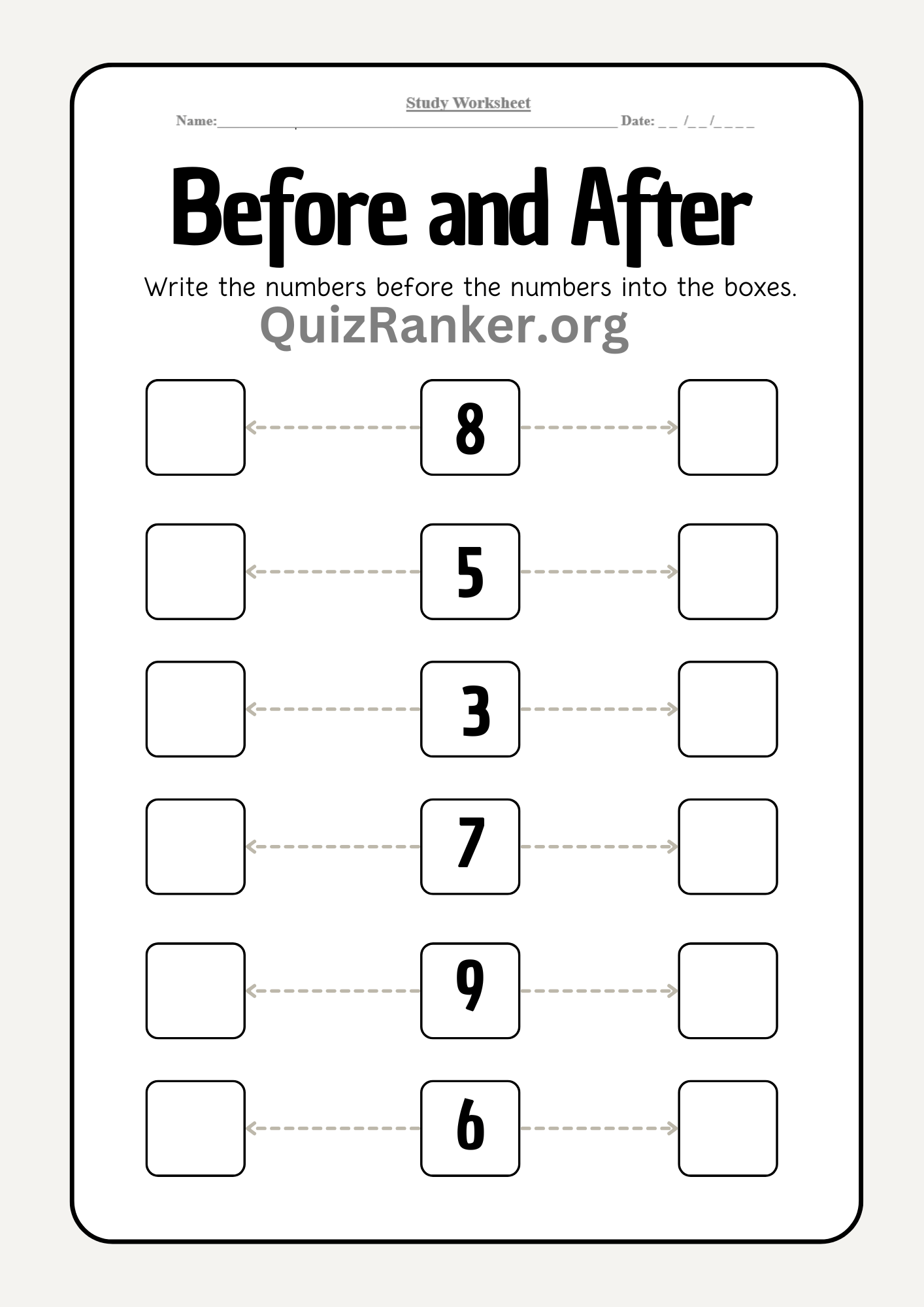 Before and After Numbers Worksheet