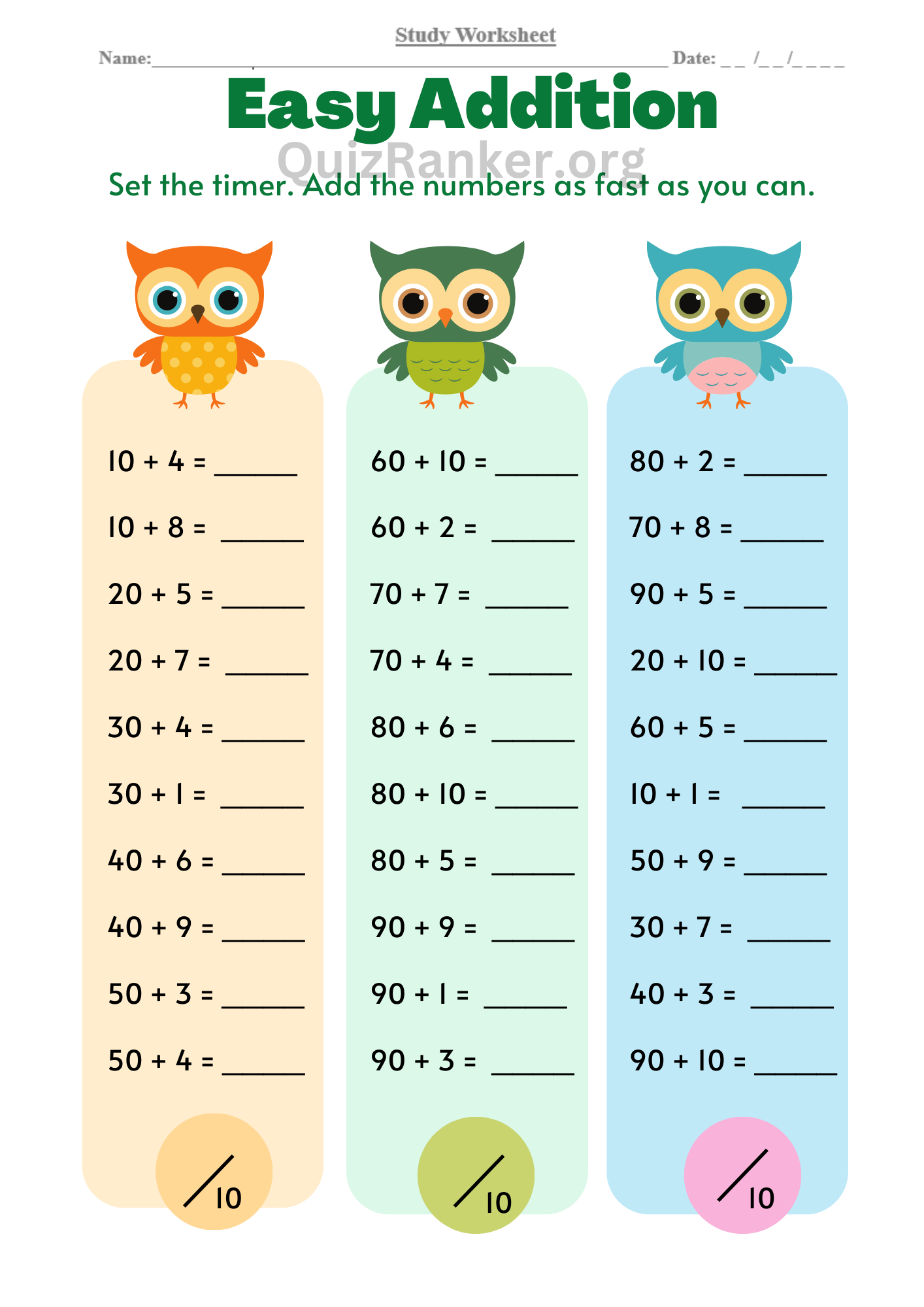 Blue and Green Playful Easy Addition Worksheet