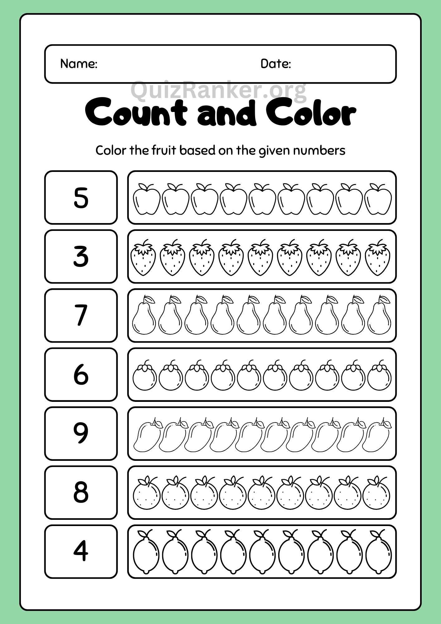 Green Fruit Counting and Coloring Worksheet